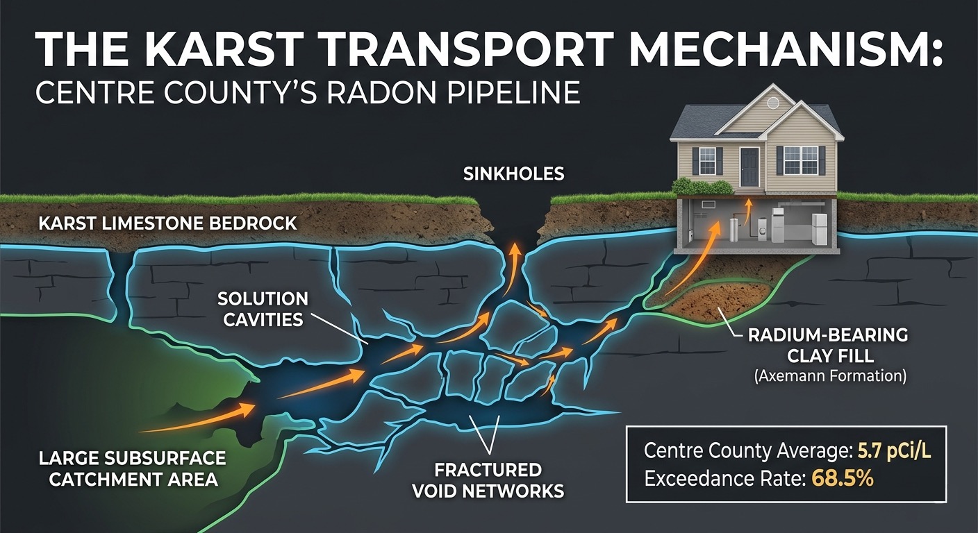 Geological cross-section of Centre County karst limestone showing sinkholes and solution cavities acting as a pipeline for radon gas into residential foundations