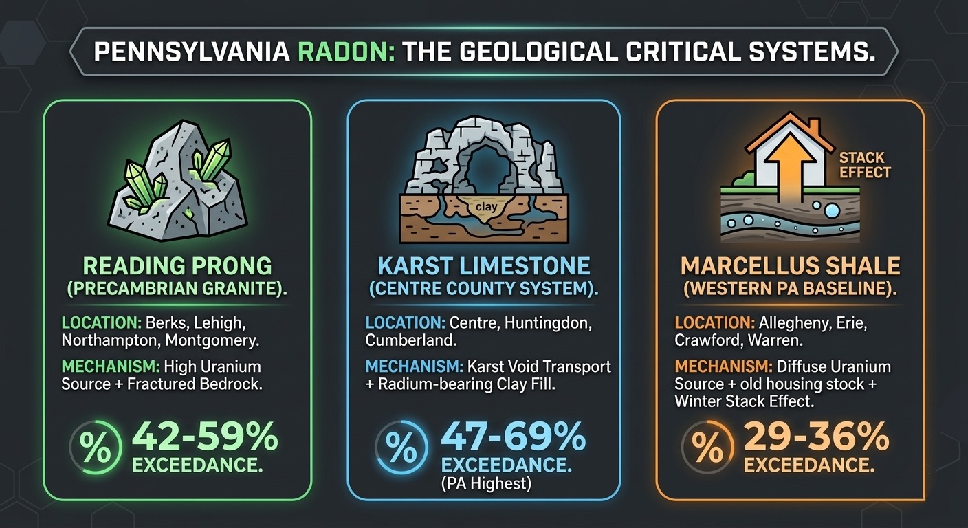 Comparison table of Pennsylvania's three primary radon-producing geological systems: Reading Prong, Karst Limestone, and Marcellus Shale, showing exceedance ranges and primary counties.