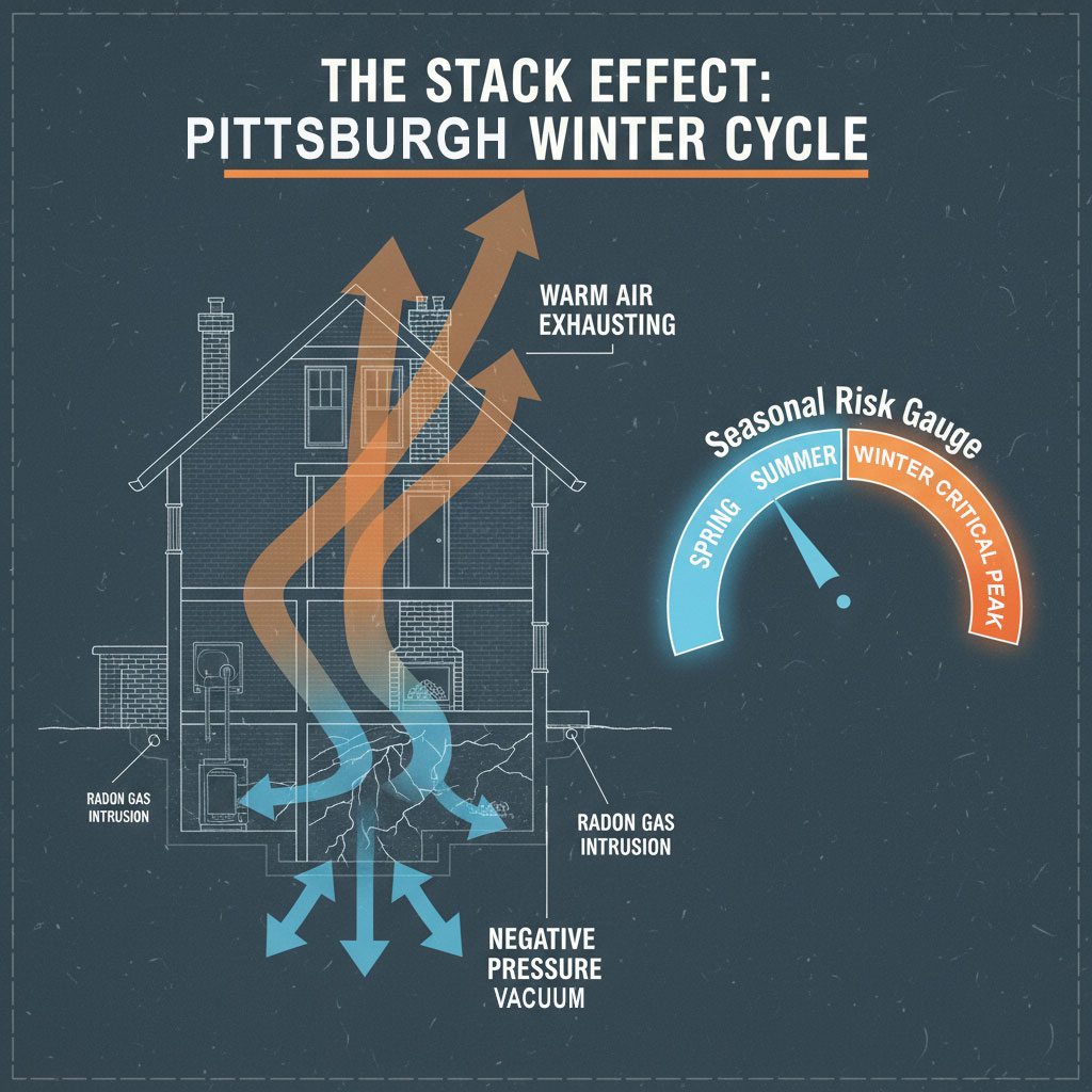 Visualization of the winter stack effect in a Pittsburgh home showing how heating creates basement negative pressure that draws in radon