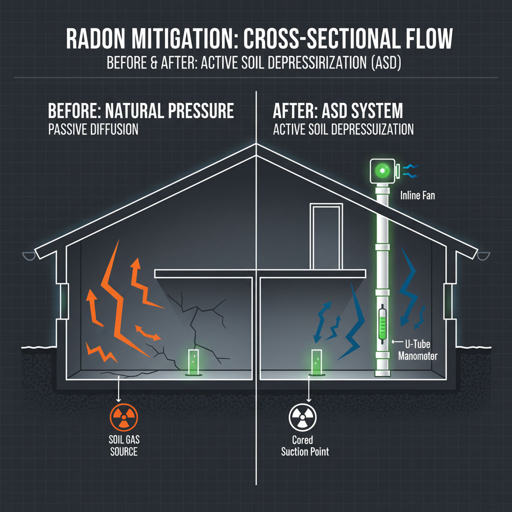 Comparison diagram showing how active sub-slab depressurization reverses the pressure differential between basement air and sub-slab soil gas to prevent radon entry